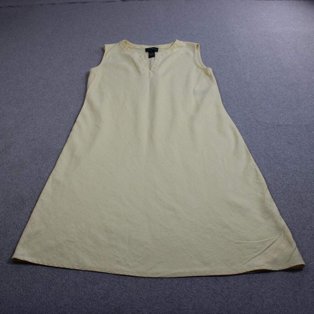 Lauren Ralph Linen Dress Women 16 Yellow Shift Sleeveless V Neck Heritage Coasta